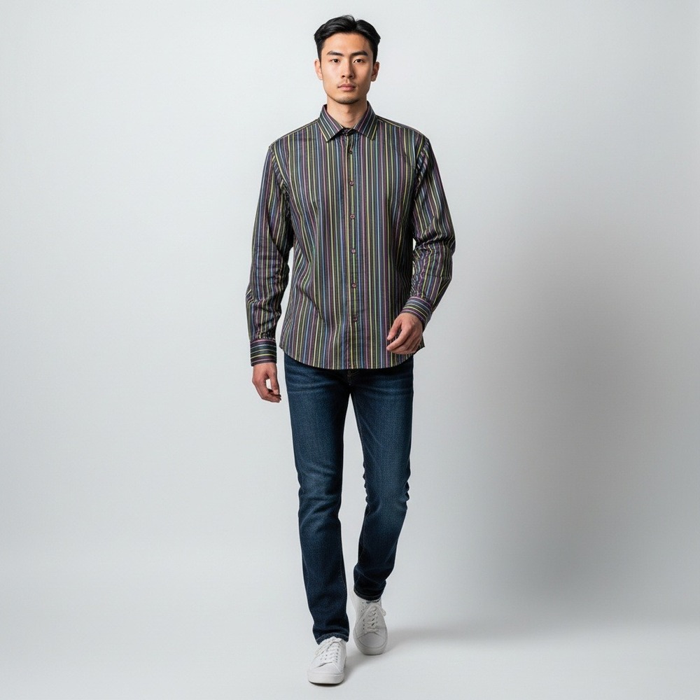 Bugatchi Button Down Shirt Large Charcoal Multi Color Stripe Shaped Fit Cotton